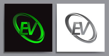 Renkli Green Swoosh ve Grey firması için EV logotype tasarımı. İş ve şirket kimliği için vektör seti logo tasarımı.