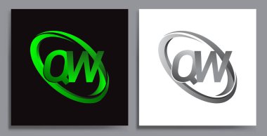 Renkli Green Swoosh ve Grey firması için QW logotype tasarımı. İş ve şirket kimliği için vektör seti logo tasarımı.