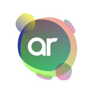 Renkli sıçrama arkaplanı olan AR harfi logosu, yaratıcı endüstri, web, iş ve şirket için harf kombinasyonu tasarımı.