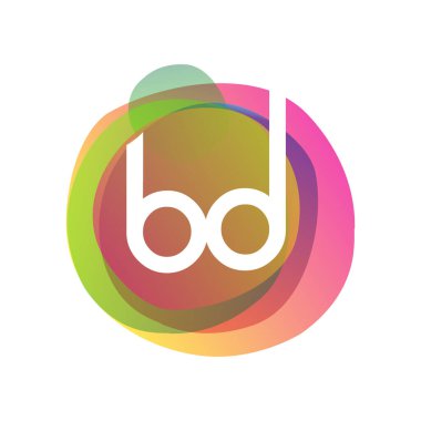 Renkli sıçrama geçmişi olan BD harfi logosu, yaratıcı endüstri, web, iş ve şirket için harf kombinasyonu tasarımı.