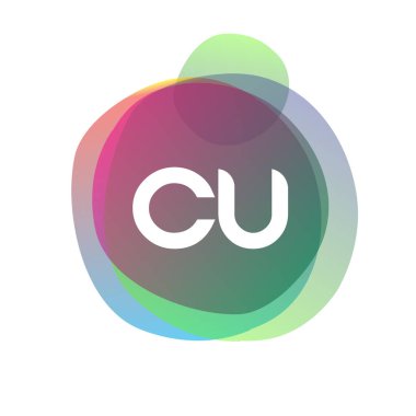 Renkli sıçrama geçmişi olan CU logosu, yaratıcı endüstri, web, iş ve şirket için harf kombinasyonu tasarımı.