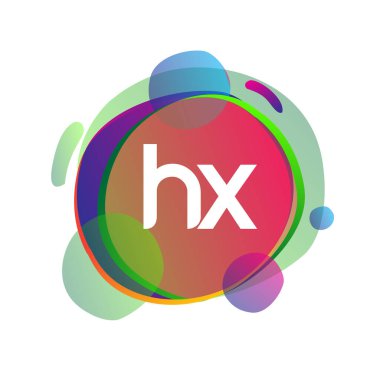 Renkli sıçrama arkaplanı olan HX harfi logosu, yaratıcı endüstri, web, iş ve şirket için harf kombinasyonu tasarımı.