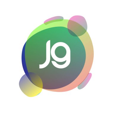 Renkli sıçrama arkaplanı olan JG logosu, yaratıcı endüstri, web, iş ve şirket için harf kombinasyonu tasarımı.