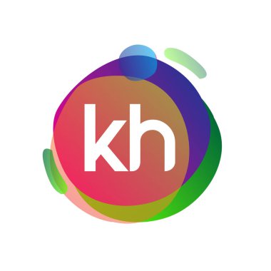 Renkli sıçrama arkaplanı olan KH logosu, yaratıcı endüstri, web, iş ve şirket için harf kombinasyonu tasarımı.