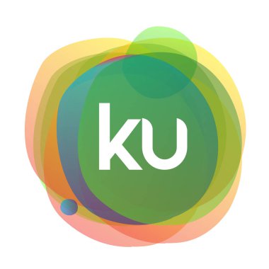 Renkli sıçrama arkaplanı olan KU logosu, yaratıcı endüstri, web, iş ve şirket için harf kombinasyonu tasarımı.