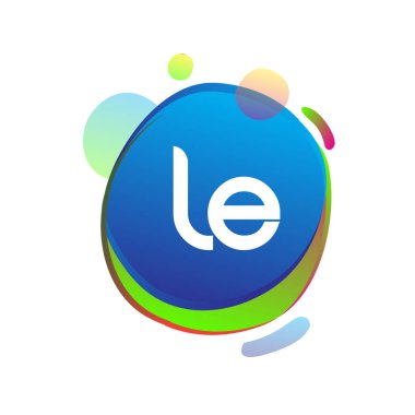 Renkli sıçrama arkaplanı olan LE logosu, yaratıcı endüstri, web, iş ve şirket için harf kombinasyonu tasarımı.