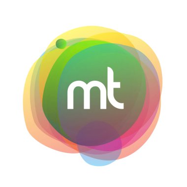 Renkli sıçrama arkaplanı olan MT logosu, yaratıcı endüstri, web, iş ve şirket için harf kombinasyonu tasarımı.
