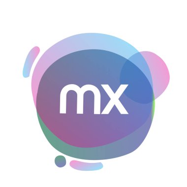 Renkli sıçrama arkaplanı olan MX logosu, yaratıcı endüstri, web, iş ve şirket için harf kombinasyonu tasarımı.