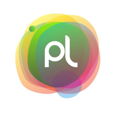 Renkli sıçrama arkaplanı olan PL logosu, yaratıcı endüstri, web, iş ve şirket için harf kombinasyonu tasarımı.