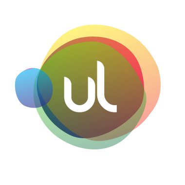 Renkli sıçrama arkaplanı olan UL logosu, yaratıcı endüstri, web, iş ve şirket için harf kombinasyonu tasarımı.