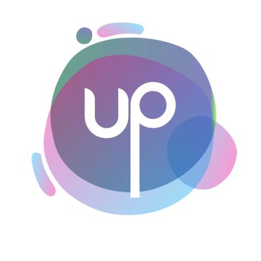 Renkli sıçrama arkaplanı olan UP harfi logosu, yaratıcı endüstri, web, iş ve şirket için harf kombinasyonu tasarımı.