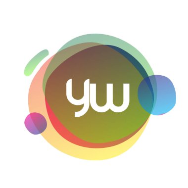 Renkli sıçrama arkaplanı olan YW logosu, yaratıcı endüstri, web, iş ve şirket için harf kombinasyonu tasarımı.