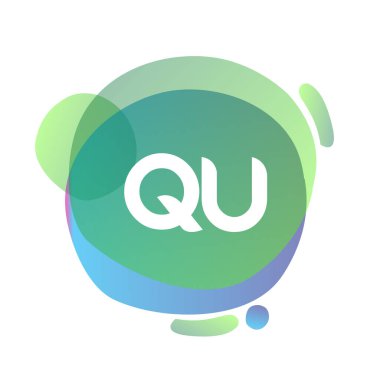 Renkli sıçrama geçmişi olan QU logosu, yaratıcı endüstri, web, iş ve şirket için harf kombinasyonu tasarımı.