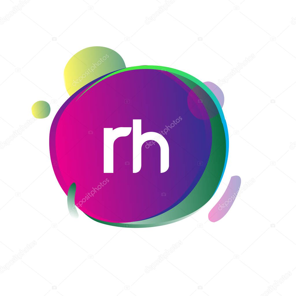 Letter RH logo with colorful splash background, letter combination logo design for creative industry, web, business and company.
