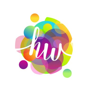 Renkli sıçrama arkaplanı olan HW harfi logosu, yaratıcı endüstri, web, iş ve şirket için harf kombinasyonu tasarımı.