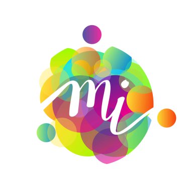 Renkli sıçrama geçmişi olan MI harfi logosu, yaratıcı endüstri, web, iş ve şirket için harf kombinasyonu tasarımı.