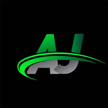 İlk harf AJ logotype şirketi ismi yeşil ve siyah Swoosh tasarımı. iş ve şirket kimliği için vektör logosu.
