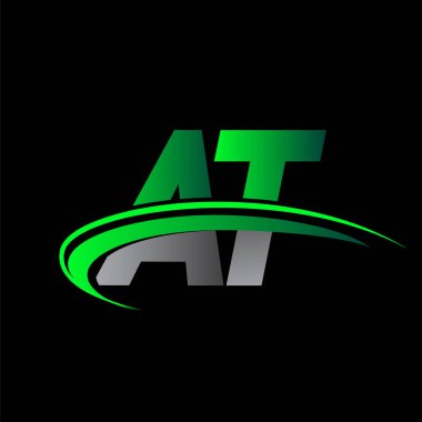 İlk harf AT logotype şirketi ismi yeşil ve siyah Swoosh tasarımı. iş ve şirket kimliği için vektör logosu.