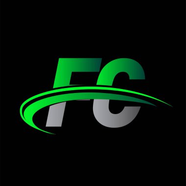 İlk harf FC logotype şirketi ismi yeşil ve siyah Swoosh tasarımı. iş ve şirket kimliği için vektör logosu.