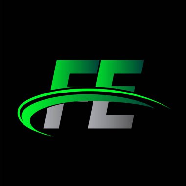 FE logotype şirketinin ilk harfi: Renkli yeşil ve siyah Swoosh tasarımı. iş ve şirket kimliği için vektör logosu.