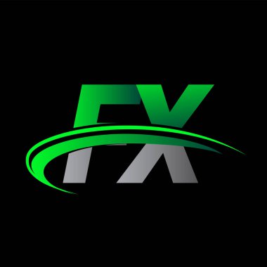 İlk harf FX logotype şirketi ismi yeşil ve siyah Swoosh tasarımı. iş ve şirket kimliği için vektör logosu.