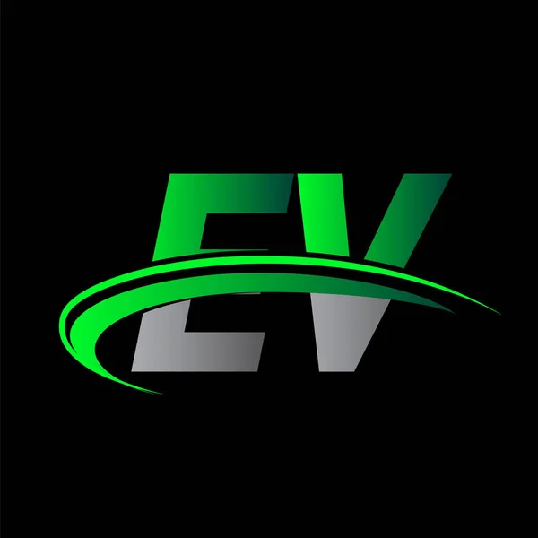 最初的字母Ev标识公司的名称是彩色绿色和黑色的Swoosh设计 企业和公司标识的矢量标识 — 图库矢量图片