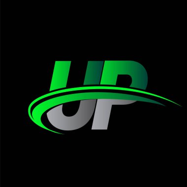 UP logotype şirketinin ilk harfi: Renkli yeşil ve siyah Swoosh tasarımı. iş ve şirket kimliği için vektör logosu.