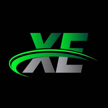 İlk harf XE logotype şirketi ismi yeşil ve siyah Swoosh tasarımı. iş ve şirket kimliği için vektör logosu.