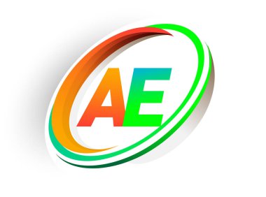 İlk harfi AE logotype şirketi. Renkli turuncu ve yeşil daire ve swoosh tasarımı, modern logo kavramı. iş ve şirket kimliği için vektör logosu.