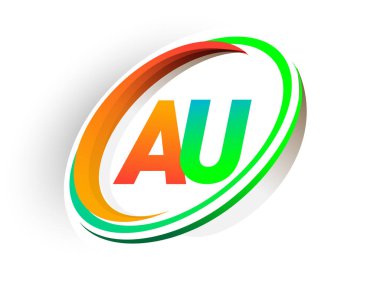 İlk harfi AU logotype şirketi. Renkli turuncu ve yeşil daire ve swoosh tasarımı, modern logo kavramı. iş ve şirket kimliği için vektör logosu.