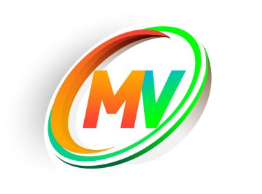 İlk harf MV logotype şirketi adı turuncu ve yeşil daire ve swoosh tasarım, modern logo konsepti. iş ve şirket kimliği için vektör logosu.