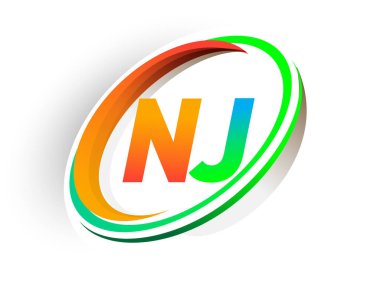 İlk harfi NJ logotype şirketi. Renkli turuncu ve yeşil daire ve swoosh tasarımı, modern logo kavramı. iş ve şirket kimliği için vektör logosu.