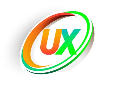 İlk harfi UX logotype şirketi. Renkli turuncu ve yeşil daire ve swoosh tasarımı, modern logo kavramı. iş ve şirket kimliği için vektör logosu.