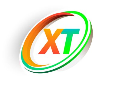 İlk harfi XT logotype şirketi. Renkli turuncu ve yeşil daire ve swoosh tasarımı, modern logo konsepti. iş ve şirket kimliği için vektör logosu.