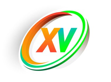 İlk harf XV logotype şirketi adı turuncu ve yeşil daire ve swoosh tasarım, modern logo konsepti. iş ve şirket kimliği için vektör logosu.
