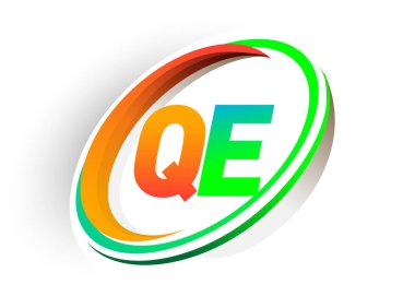 İlk harf QE logotype şirketi adı turuncu ve yeşil daire ve swoosh tasarım, modern logo konsepti. iş ve şirket kimliği için vektör logosu.