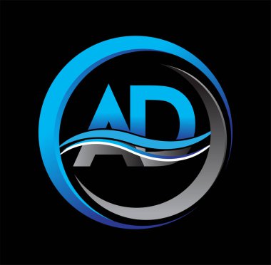 İlk harf, AD şirketinin dairede mavi ve gri renkli logosu ve swoosh tasarımı. İş ve şirket kimliği için vektör logosu.
