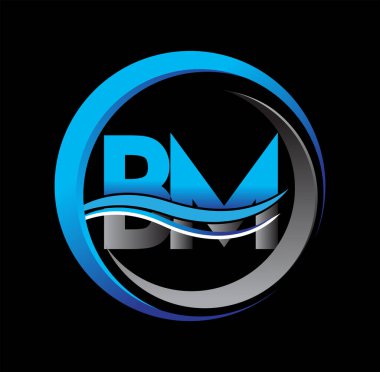 İlk harf logosu BM şirket adı mavi ve gri renk daire ve swoosh tasarım. İş ve şirket kimliği için vektör logosu.