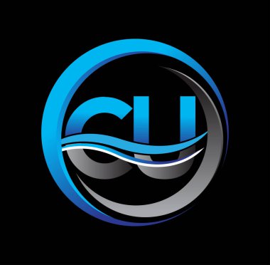 İlk harf CU CU şirketi daire ve swoosh tasarımında mavi ve gri renkli. İş ve şirket kimliği için vektör logosu.