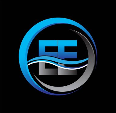İlk harf logosu EE şirketi daire ve swoosh tasarımında mavi ve gri renkte. İş ve şirket kimliği için vektör logosu.