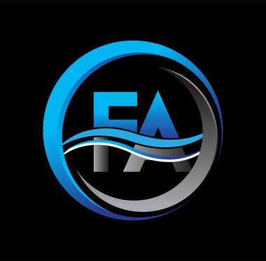 İlk harf logosu FA şirketinin dairesel ve swoosh tasarımlı mavi ve gri rengi. İş ve şirket kimliği için vektör logosu.
