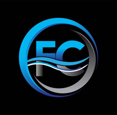 İlk harf logosu FC şirketinin daire ve swoosh tasarımında mavi ve gri rengi. İş ve şirket kimliği için vektör logosu.