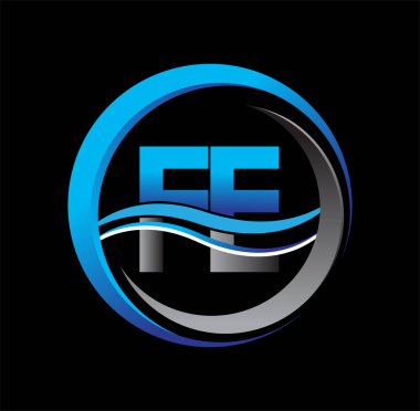 İlk harf FE FE şirketi daire ve swoosh tasarımında mavi ve gri renkli. İş ve şirket kimliği için vektör logosu.
