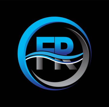 İlk harf logosu FR şirketinin daire ve swoosh tasarımında mavi ve gri rengi. İş ve şirket kimliği için vektör logosu.
