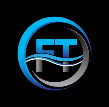 İlk harf logosu FT şirketinin dairede mavi ve gri renkli olduğunu gösteriyor. İş ve şirket kimliği için vektör logosu.