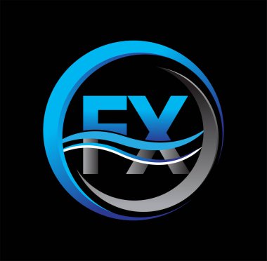 İlk harf logosu FX şirketi daire ve desenli mavi ve gri renkli. İş ve şirket kimliği için vektör logosu.