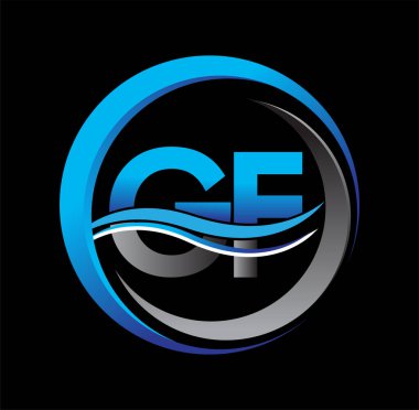 İlk harf logosu GF şirketinin daire ve swoosh tasarımında mavi ve gri rengi. İş ve şirket kimliği için vektör logosu.