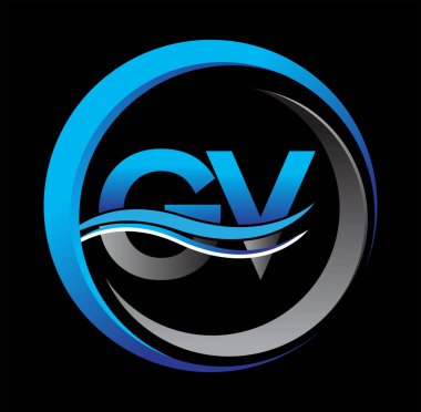 İlk harf logosu GV şirketinin daire ve swoosh tasarımında mavi ve gri rengi. İş ve şirket kimliği için vektör logosu.