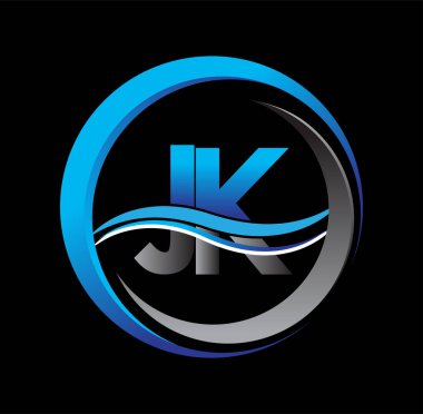 İlk harf logosu JK şirketinin daire ve swoosh tasarımında mavi ve gri rengi. İş ve şirket kimliği için vektör logosu.