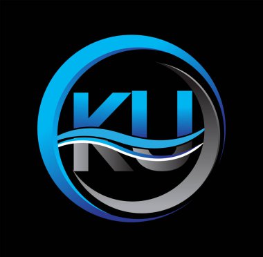 İlk harf logosu KU şirketi daire ve swoosh tasarımında mavi ve gri renkte. İş ve şirket kimliği için vektör logosu.